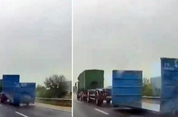 Videón, ahogy lecsúszott a konténer a teherautóról az M4-es autópályán